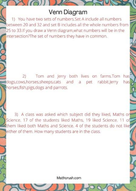 Worksheets on Word Problems of Venn Diagrams (Level 2)