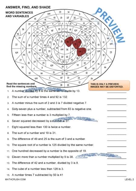 Answer, Find, and Shade Word Sentences and Variables Worksheet_1