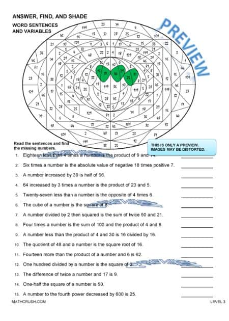 Worksheets to Practice Word Sentences with Variables (Answer, Find, and Shade)_2