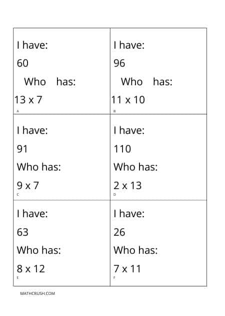 I Have, Who Has? (Multiplication Game) – All Levels