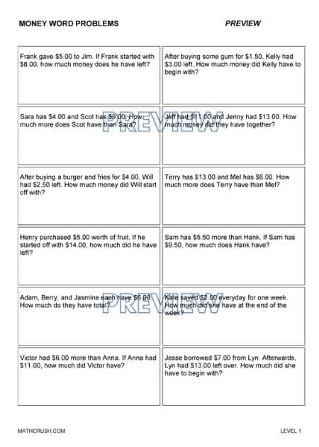 Worksheets on Money Word Problems 