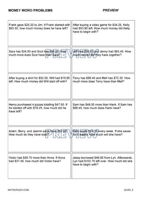 Worksheets on Money Word Problems _1