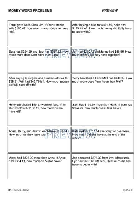 Worksheets on Money Word Problems _2
