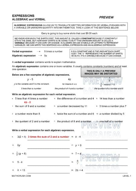 Worksheets to Understand Algebraic and Verbal Expressions (Level 1)