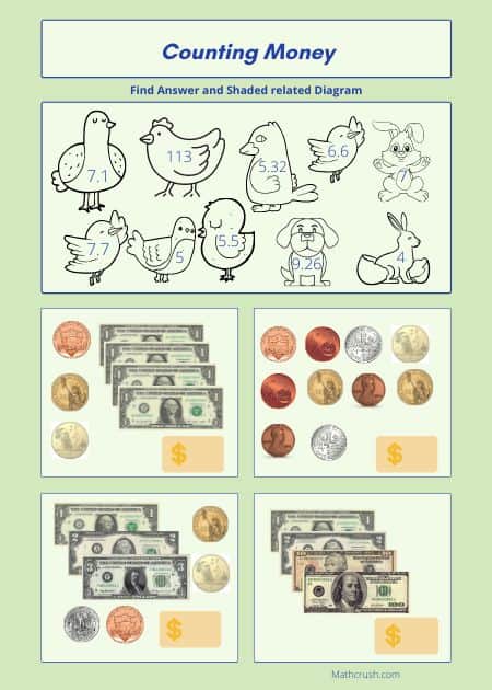 Answer, Find, and Shade Counting Money Worksheet – Level 2