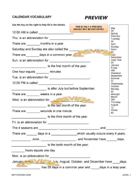 Worksheets to Practice Calendar Vocabulary (Level 1)