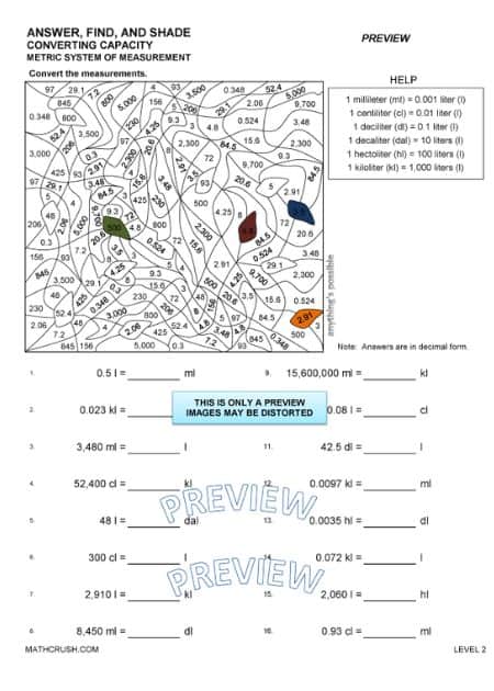 Converting Capacity Worksheets— Answer, Find, and Shade (Level 2)_2