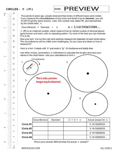 Worksheets on Circles (Pi) (All Levels)
