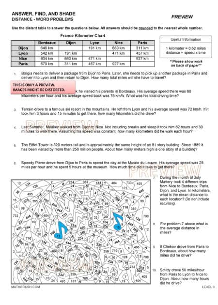 Word Problems on Distance Worksheets (Level 3)