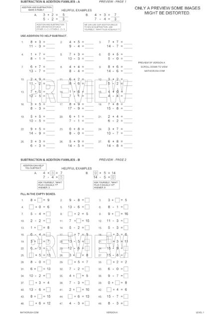 Worksheets to Relate Subtraction with Addition (Level 1)