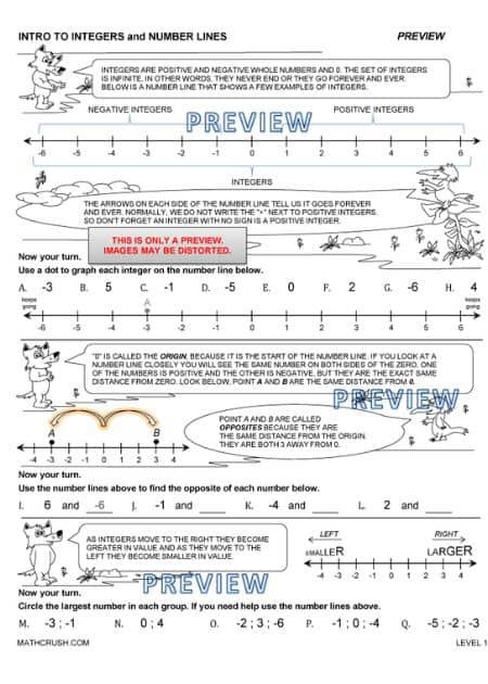 Intro to Integers and Number Lines Worksheet- Level 1
