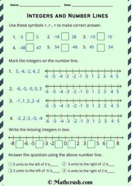Integers and Number Lines Worksheet- Level 2