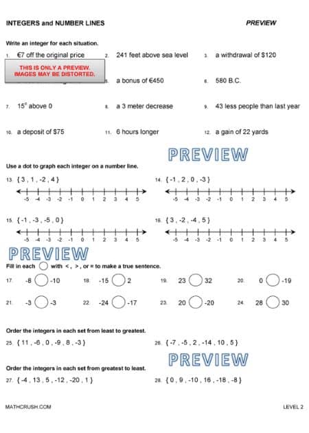 Integers and Number Lines Worksheet- Level 2_1