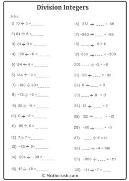Dividing Integers Worksheet – Level 1