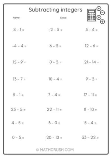 Subtracting Integers Worksheet – Level 1
