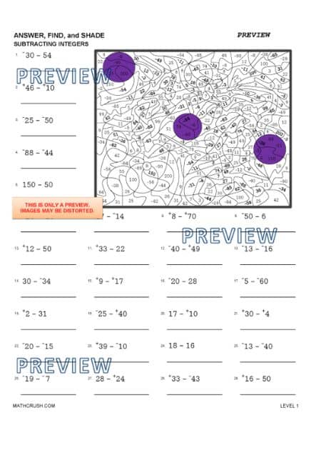Answer, Find, and Shade
Subtracting Integers Worksheet_3