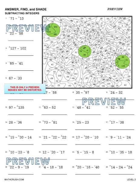 Answer, Find, and Shade
Subtracting Integers Worksheet_4