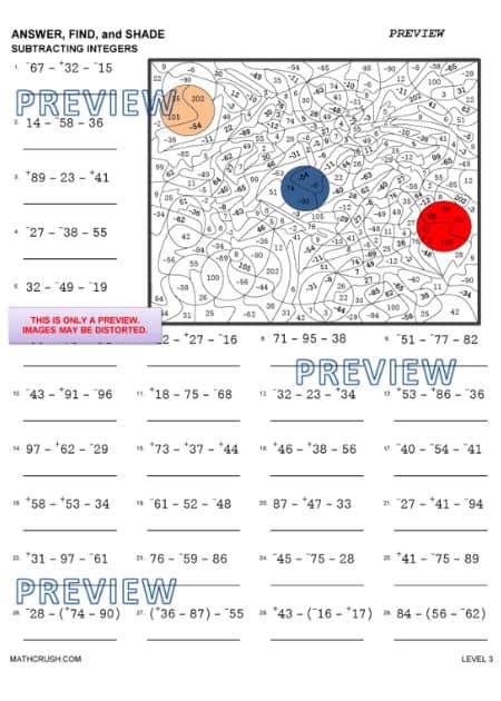 Answer, Find, and Shade
Subtracting Integers Worksheet_5