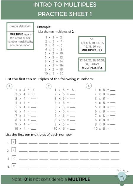 Introduction to Multiples Worksheet– Level 1