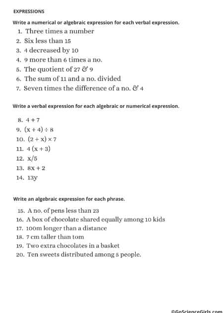 Expressions Word Problems – Level 1