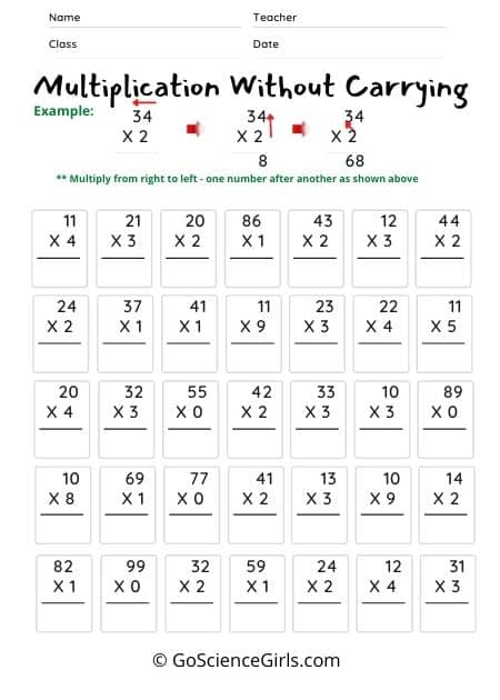 Multiplication without Carrying Level 1