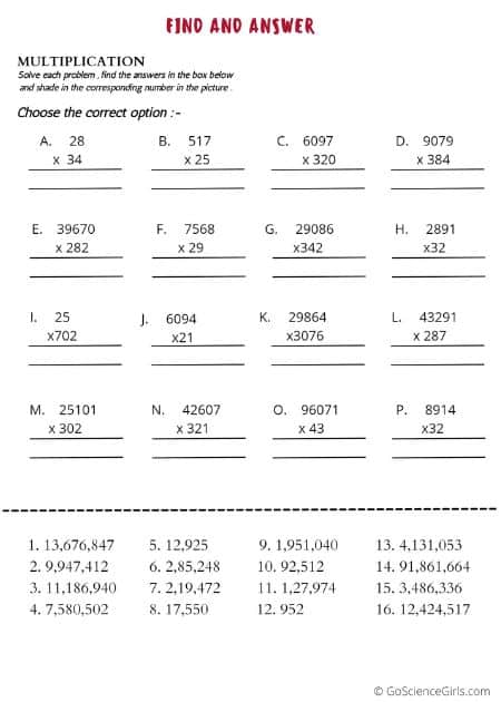 Answer, Find, and Shade Multiplication Review Level 1