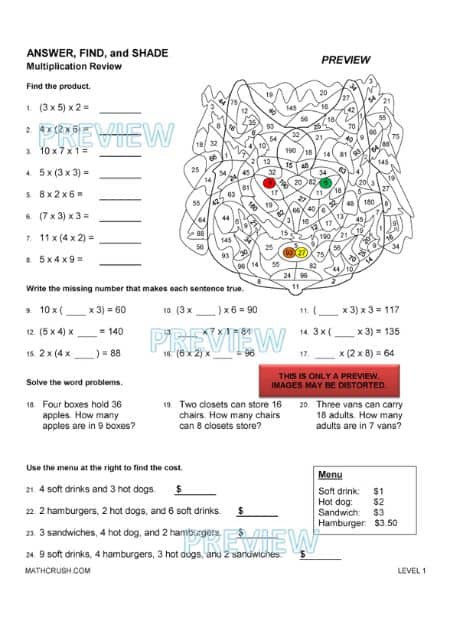 Answer, Find, and Shade Multiplication Review Level 1_2