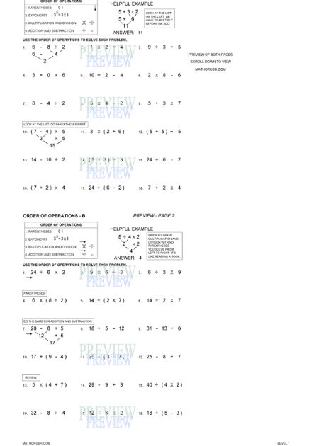 Free Worksheets on Order of Operations (Level-1)_1