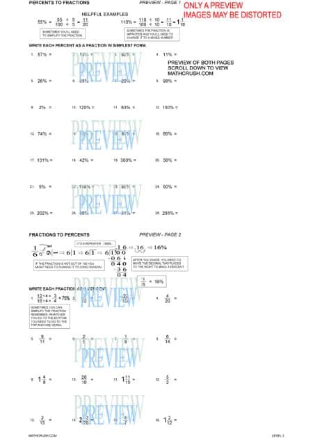 Percents and Fractions Worksheet – Level 2