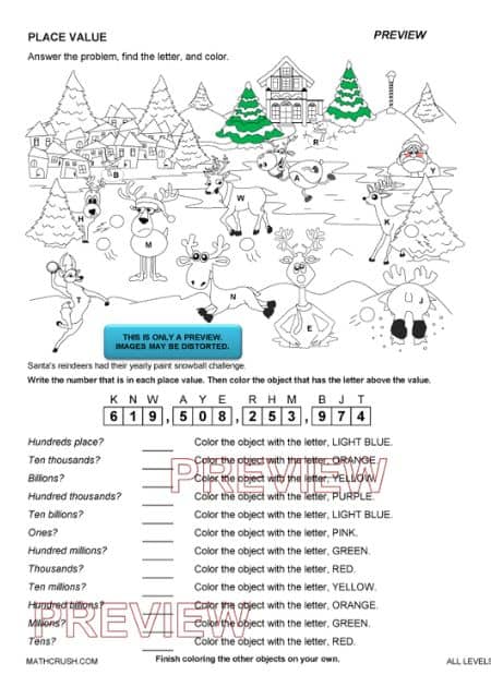 Answer, Find, and Color Place Value Worksheet -  All Levels_1