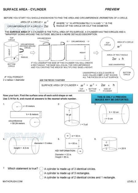 Worksheets to Explain Surface Area of Cylinders (Level 2)