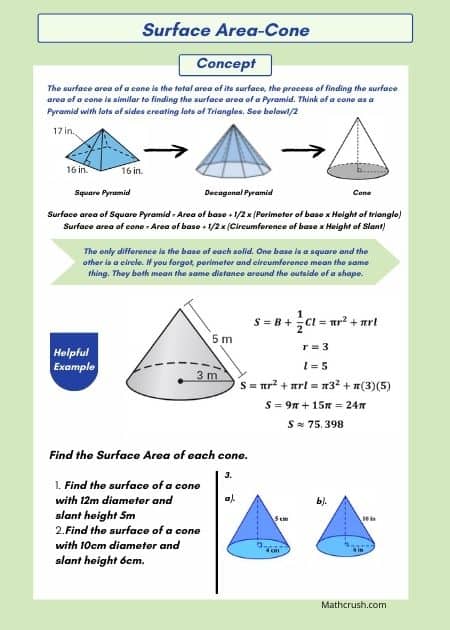 Worksheets to Explain Surface Area of Cones (Level 2)