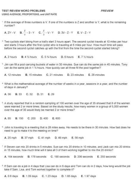 Average, Proportions, and Unit Rate (Test Review Word Problems)
