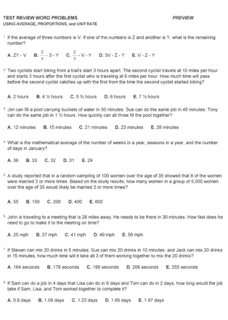 Test Review Word Problems
Average, Proportions, and Unit Rate
