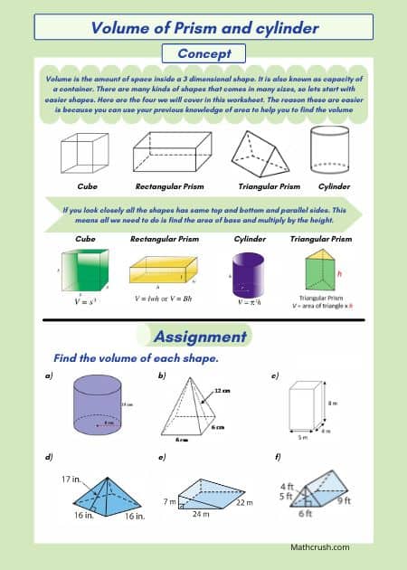 Worksheets on Finding Volume of Cylinders and Prisms (Level 2)